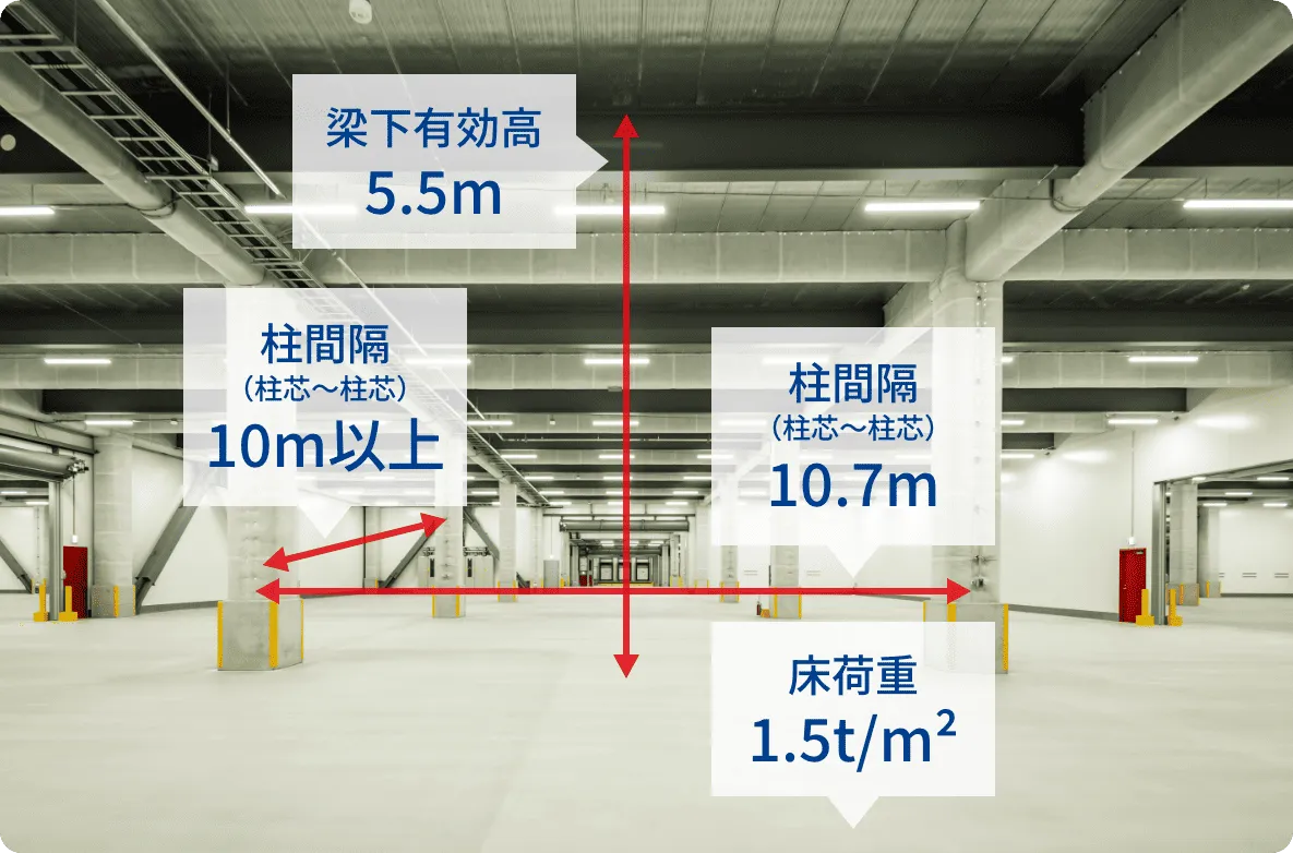 梁下有効高、柱間隔、床荷重を示した倉庫内観